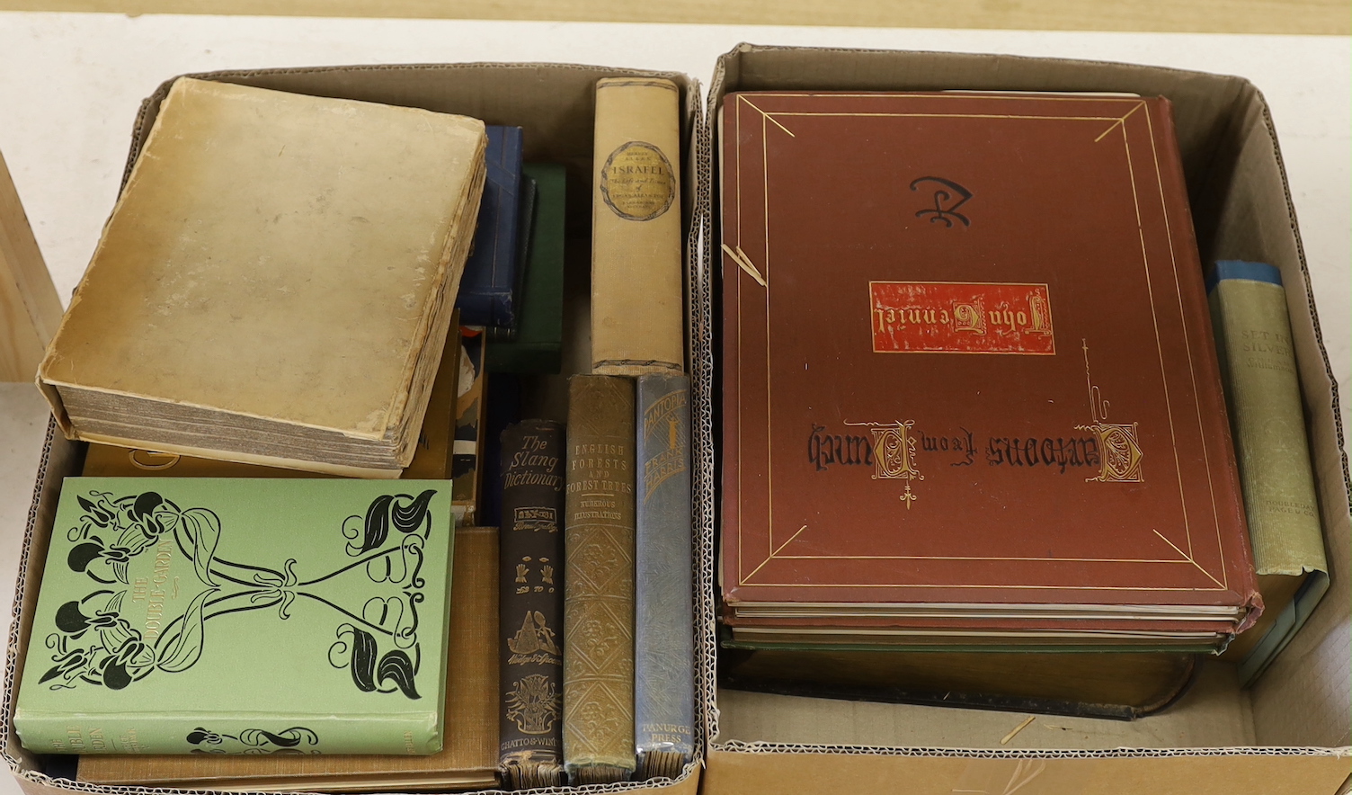 Two boxes of miscellaneous books, including two early editions of Stevenson's Dr. Jekyll and Mr Hyde